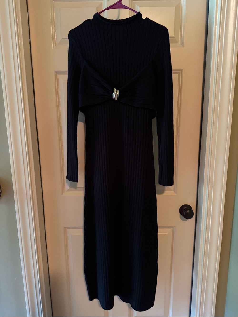 Able Black Ribbed Long-Sleeve Midi Dress with Front Knot and Metallic Accent